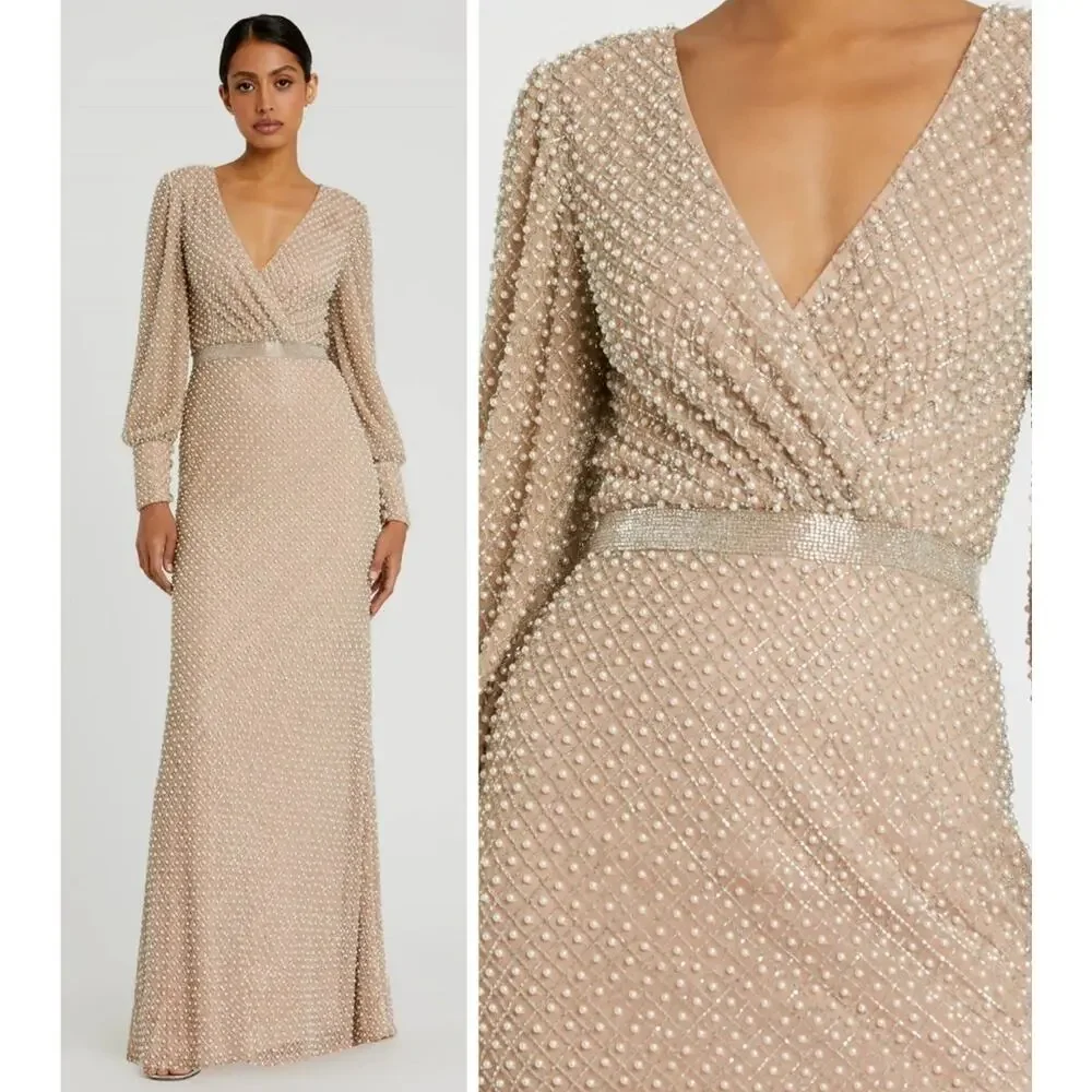 Mac Duggal 10062 Beige Size 4 Wrap Over Pearl Gown Beaded Bishop Sleeves NWT - Picture 1 of 16